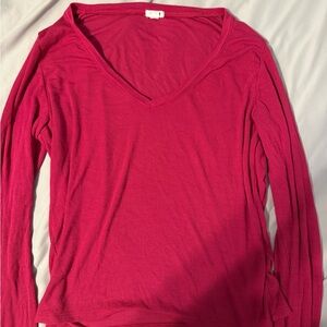 Garage Women's Ribbed V-Neck Long Sleeve Top - Hot Pink